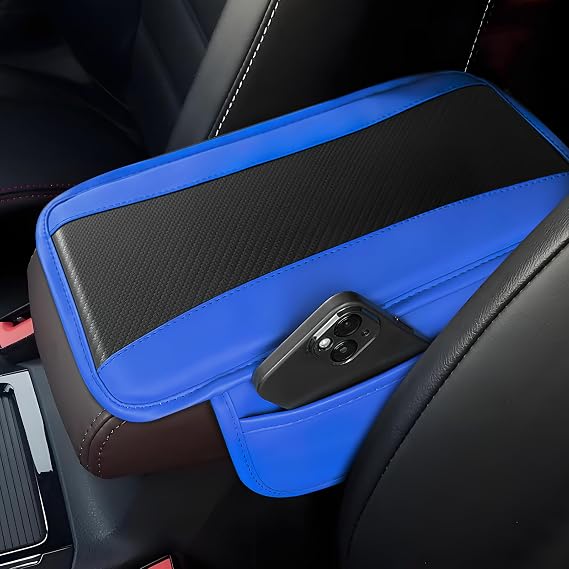 Car Center Console Cover, 12.48"7.4" Carbon Fiber Leather Auto Armrest Cover, Vehicle Armrest Cushion Pad with Storage Pocket, Universal Arm Rest Protector Car Accessories (Blue)