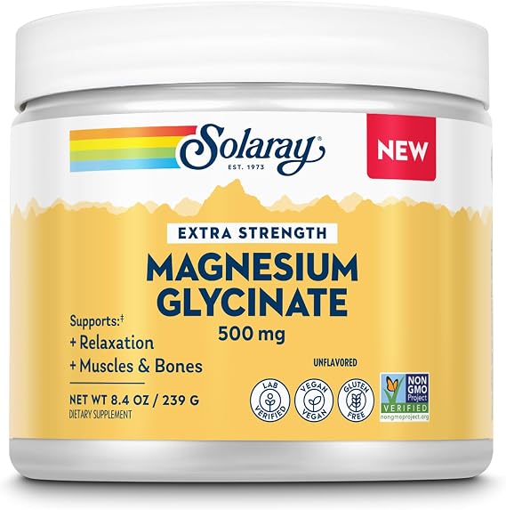SOLARAY Magnesium Glycinate 500mg Powder - Extra Strength, Unflavored Magnesium Supplement for Bone, Muscle and Relaxation Support - Vegan, Gluten Free, Non-GMO, 30 Servings, 8.4 OZ