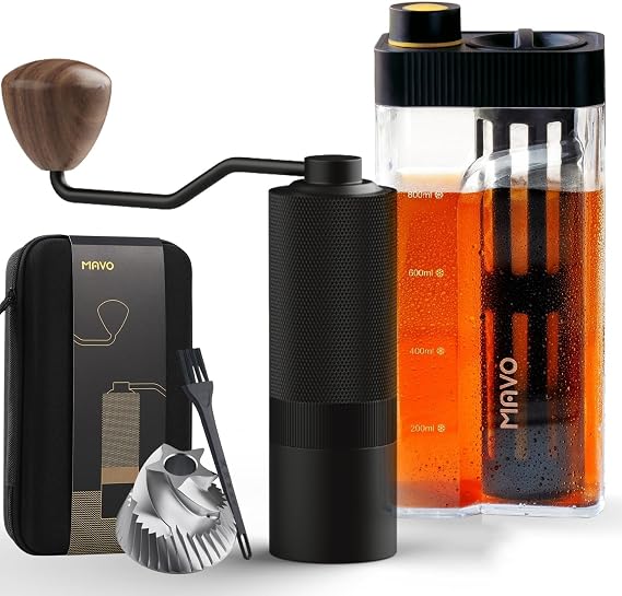 MAVO Manual Coffee Grinder & Cold Brew Coffee Maker, Capacity 25g with CNC Stainless Steel Pentagon Conical Burr, 27oz Iced Coffee Maker and Tea Brewer