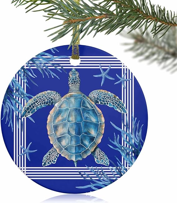 DecorLovee 2025 Christmas Ornaments, Turtle Navy Blue Round 3" Ceramic Christmas Ornaments for Friend, Coastal Starfish Coral Ocean Stripes Double-Side Ornament Xmas Decorations