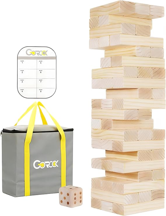 GOROCK Large 60Pcs Jumbo Tumble Tower Set Stacks to Over 5Ft | Wood block size:7.152.381.43;Pinewood,non-toxic,crack free,durable,safe;Gift for all ages;For camping,lawn,beach,yard