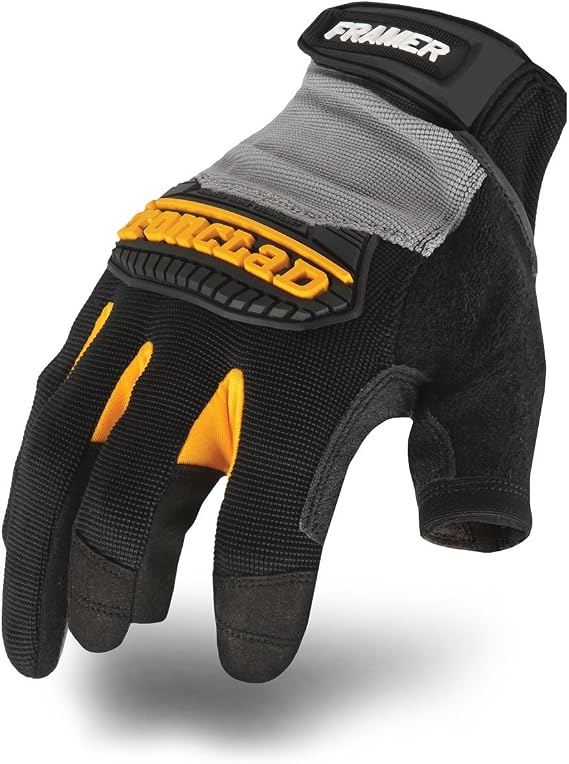 Ironclad Framer; Carpenter Work Gloves, Open Finger Dexterity, Performance Fit, Durable, Machine Washable, (1 Pair), FUG-02-S,Grey/Black