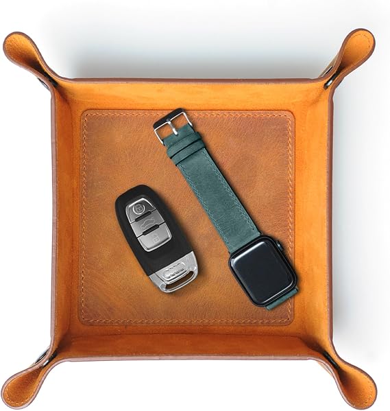 Handmade Leather Catch All Tray and Organizer for Keys, Phones, Jewels, Coins, Square - Small, Light Camel