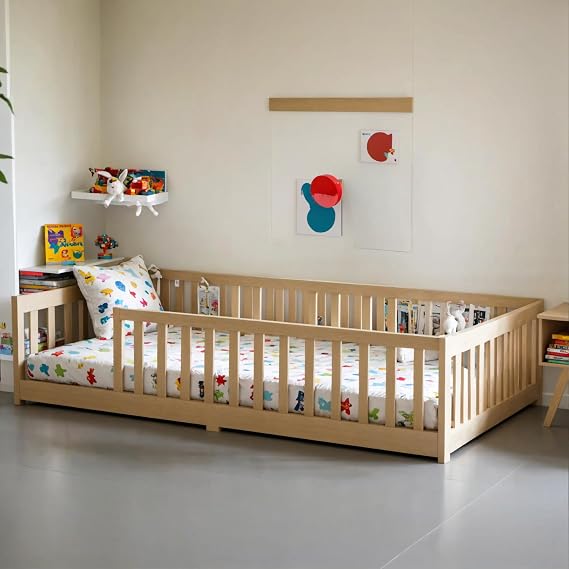 PVWIIK Twin Size Floor Bed with Fence and Without Door,Rubber Wood Floor Bed w/Safety Guardrails/Near The Ground,Easy to Assemble & No Box Spring Needed, Natural