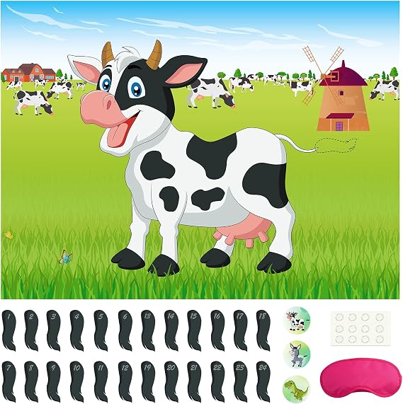 Morcheiong Pin The Tail on The Cow Game with 48pcs Tails for Farm Party Decorations Kids Birthday Party Favors Western Party Supplies