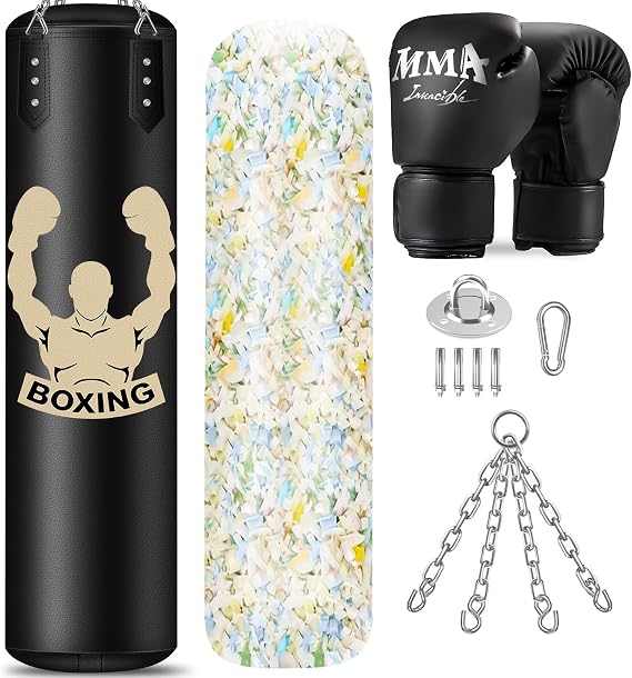 Filled Punching Bag for Adults, 4FT PU Hanging Bag with Filler and Gloves