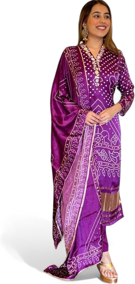 Womens Chinon Silk Kurta Pant Dupatta Set | Ethnic Outfit for Women | Traditional Dress for Festive Wear