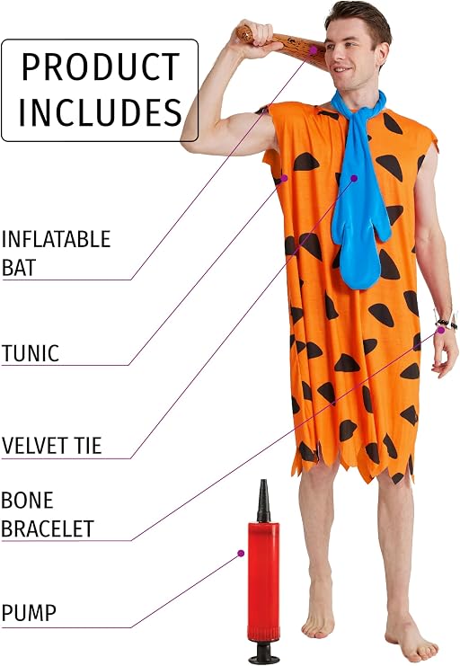 Maxim Party Supplies Adult Caveman Halloween Costume Set, 5 Pieces with Tunic, Tie, Club, Orange and Black