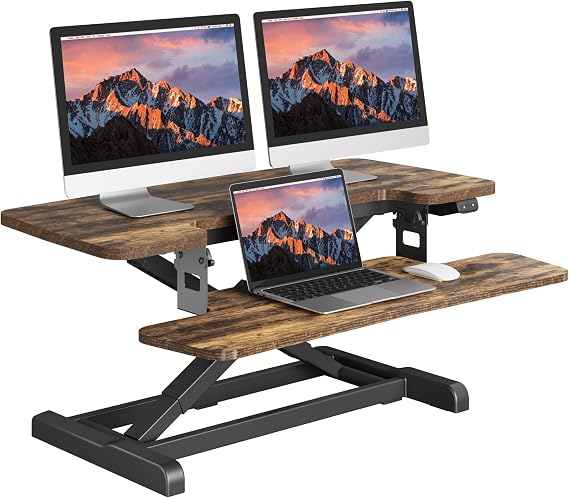 SANODESK Standing Desk Converter with Electric Motor 35" Height Adjustable Desk Riser for Office Home,Monitor and Laptop Workstation with Large Keyboard Tray, Rustic Color