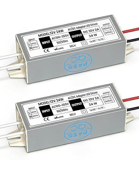 Lustaled 24W 12V LED Power Supply - IP67 Waterproof DC 12 Volt LED Driver 110V AC to 12V DC Converter Constant Voltage Transformer 2A for LED Strip Lights, G4/MR11/ MR16 Bulbs, Junction Box (2-Pack)