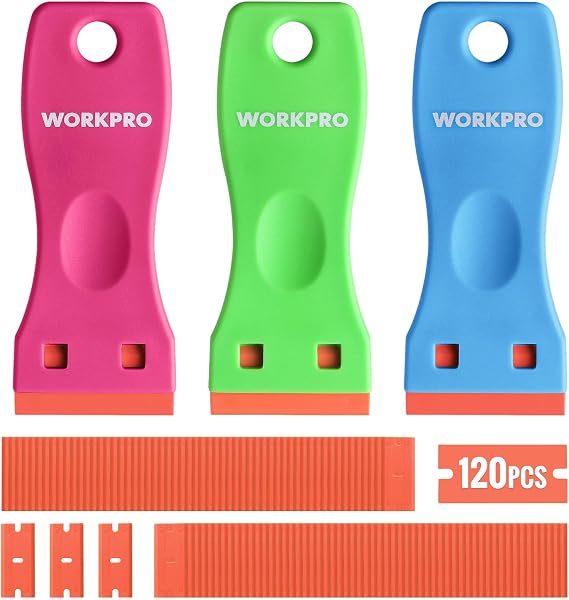 WORKPRO Plastic Razor Blade Scraper Kit, 3 Scrapers with 120 Blades | Safer Plastic Blade Design, Helps Reduce Scratches, Removes Stickers, Labels, Glue & Residue from Glass, Windows & More