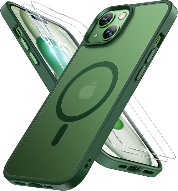 Miracase Magnetic for iPhone 15 Plus Case 6.7 inch (Compatible with MagSafe)(with 2X Screen Protectors) Military-Grade Protection, Anti-Fingerprint Translucent Matte Phone Cover, Dark Green