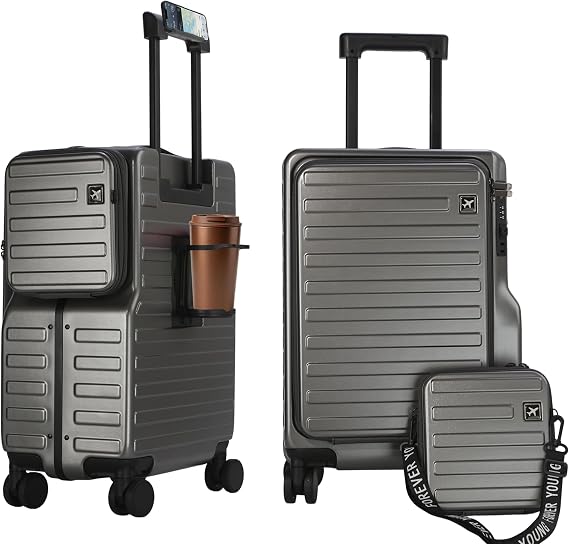 Front Opening Carry On Luggage 22x14x9 Airline Approved, 20 Inch Aluminum Frame Suitcase with Dual TSA Locks & Cup Holder, PC Hardshell Travel Case with Detachable Bag (Titanium Grey)