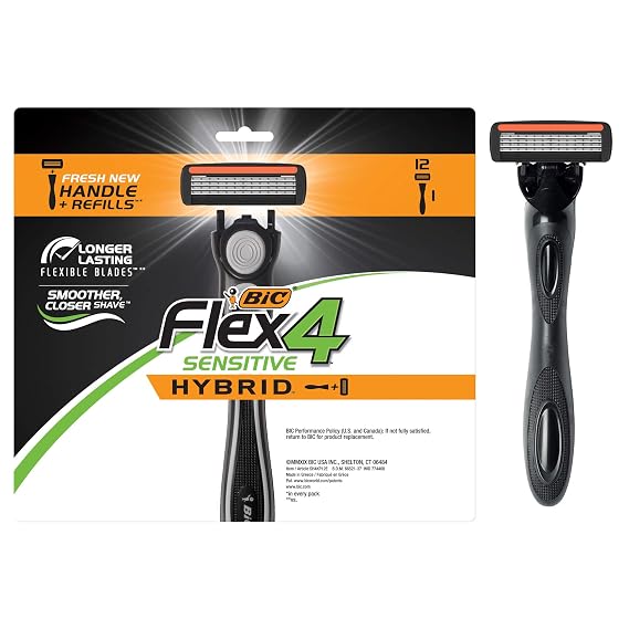 BIC Flex 4 Sensitive Hybrid Men's 4-Blade Disposable Razor, 1 Handle and 12 Cartridges