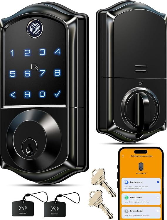 Veise VE017 Fingerprint Smart Door Lock with App Control, Matte Black | 8-in-1 Keyless Entry, Remote User Management, Auto Lock, Electronic Touchscreen Keypad, USB-C Port, Deadbolt for Front Door