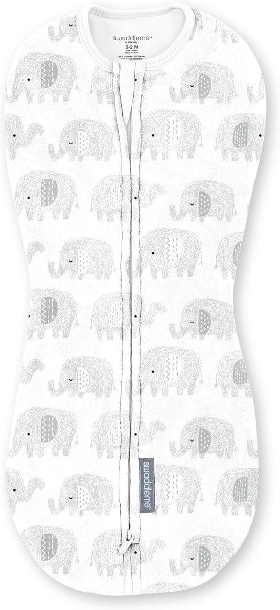 SwaddleMe by Ingenuity Compression Baby Swaddle Pod, Two-Way Zipper for Easy Diaper Changes, Improves Sleep & Calms Startle Reflex, 0-2 Months, 1.0 TOG, 1-Pack - Scribble Elephant