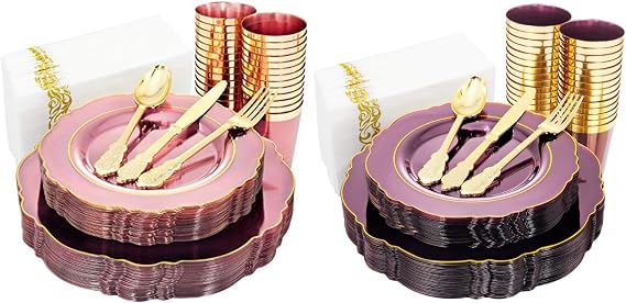 KIRE 210Pcs Clear Pink Plastic Plates KIRE 210Pcs Purple Plastic Plates