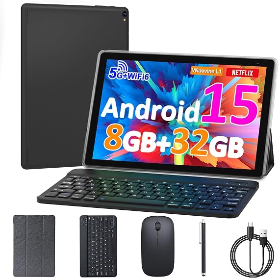 10 inch Android 15 Tablet, 8GB RAM 32GB ROM Powerful Quad-core CPU, 1280*800 Resolution Screen Tablet PC, 8MP Camera, 6000mAh Battery Computer, 2 in 1 Tablets with Keyboard, Case, Mouse, Stylus Laptop