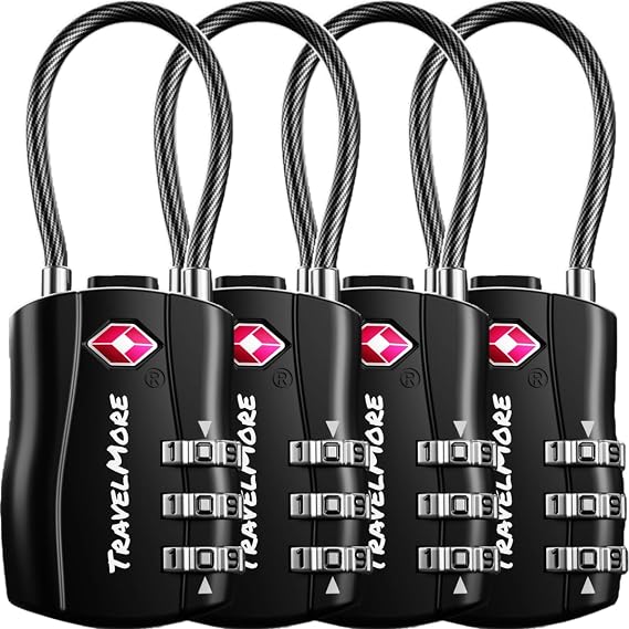 4 Pack TSA Approved Travel Combination Cable Luggage Locks for Suitcases & Backpacks - Black