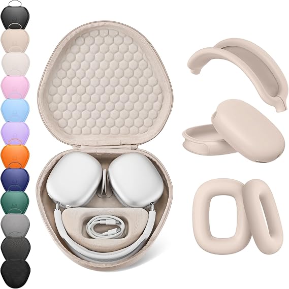 for Apple AirPods Max Case, Smart Case Cover with Sleep Mode,with Silicone Ear Pad Covers/Ear Cups/Headband Cover,Hard Organizer Portable Carry Travel Covers Storage Bag,Flesh