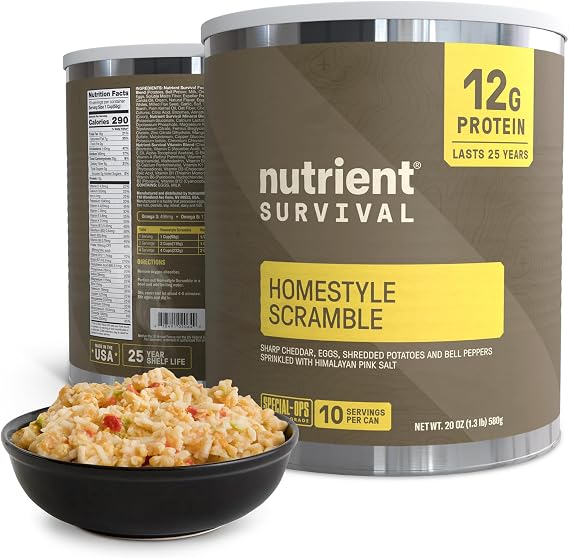 Nutrient Survival MRE Home Style Scramble Eggs, Ready to Eat 10 Servings, Freeze Dried Prepper Supplies & Emergency Foods, 40 Essential Nutrients, Stable up to 25 Years - 1 Can
