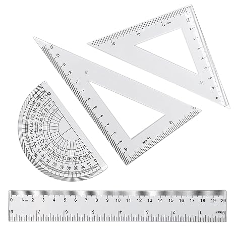 4 Pcs Math Geometry Set, Transparent Plastic Geometry Kit Includes Protractor, Straight Ruler, Triangle Ruler, Clear Measuring Tools, Drafting Ruler for School and Office Supplies