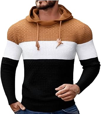 Mens Hooded Sweatshirt Casual Long Sleeve Drawstring Waffle Knit Hoodies Pullover Top Patchwork Plaid Jacquard Sweater