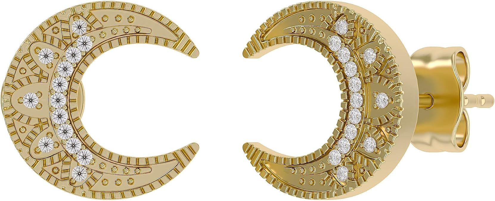 Natural Diamond Accent Crescent Moon Stud Earrings in 14K Gold Plated 925 Sterling Silver for Women (0.08 cttw, I-J Color, I2-I3 Clarity)