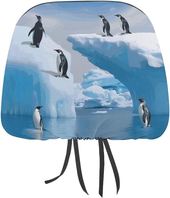 2 PCS Car Headrest Covers Soft Waterproof Car Seat Head Rest Protector Breathable Universal Auto Interior Accessories Fit for Car Truck SUV Van, Penguins On The Iceberg