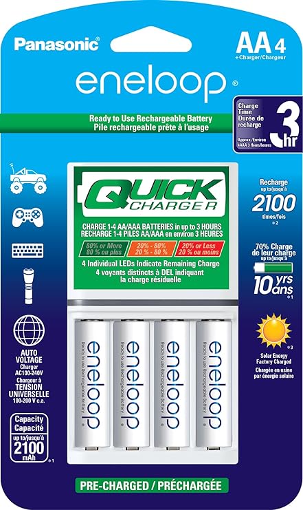 Eneloop Panasonic K-KJ55MCA4BA Advanced Individual Battery 3 Hour Quick Charger with 4 AA Rechargeable Batteries, White