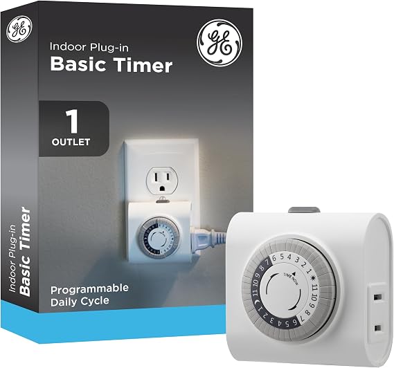 GE 24Hour Mechanical Outlet Timer Switch, Single Polarized Plugin Control for Indoor Lighting, Lamps, Christmas Trees and Seasonal Decor (1 Pack), 15119