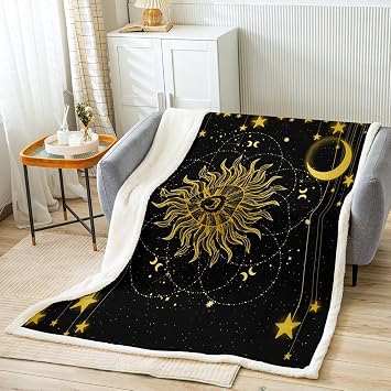 Sun Moon Fleece Throw Blanket Star Sherpa Blanket Decor Gold Black Plush Blanket Galaxy Fuzzy Blanket for Sofa Bed Couch Bedroom Cosmic Celestial Fuzzy Blanket for Sofa Bed Couch,Throw 50x60 Inches