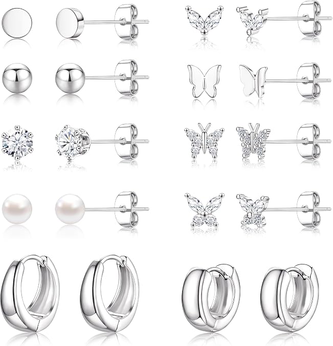 Small Gold Stud Earrings Set for Women - 14K Gold Plated CZ Huggie Hoops Hypoallergenic Earrings Dainty Flower Heart Stud Earrings for Jewelry Gift