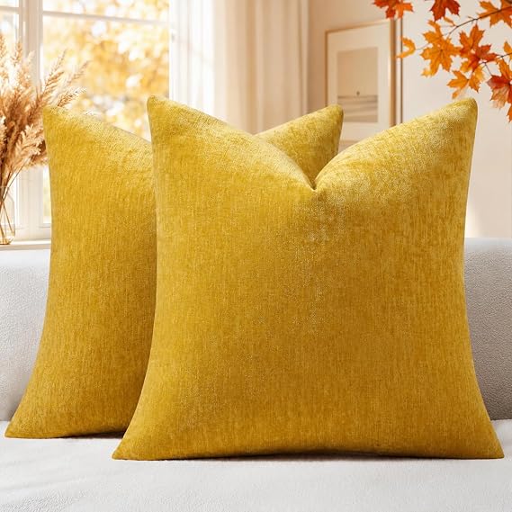 decorUhome Soft Chenille Mineral Yellow Throw Pillow Covers 18X18 Set of 2 | Decorative Fall Couch Pillow Covers Solid Dyed Accent Modern Farmhouse Neutral Square Pillow Cases for Sofa