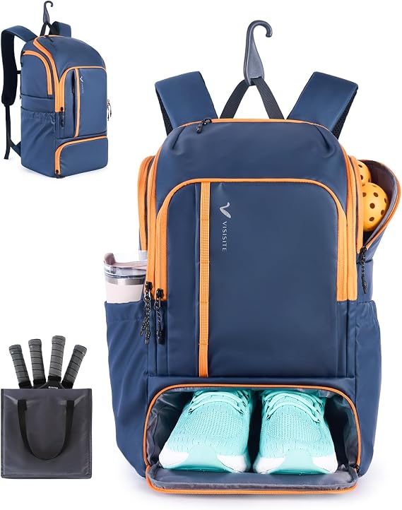 Pickleball Bag for Men Women, Pickleball Backpack with Detachable Paddle Sleeve, Large Capacity Sports Bag with Shoe Compartment, Travel Gym Backpack Fits 15.6" Laptop
