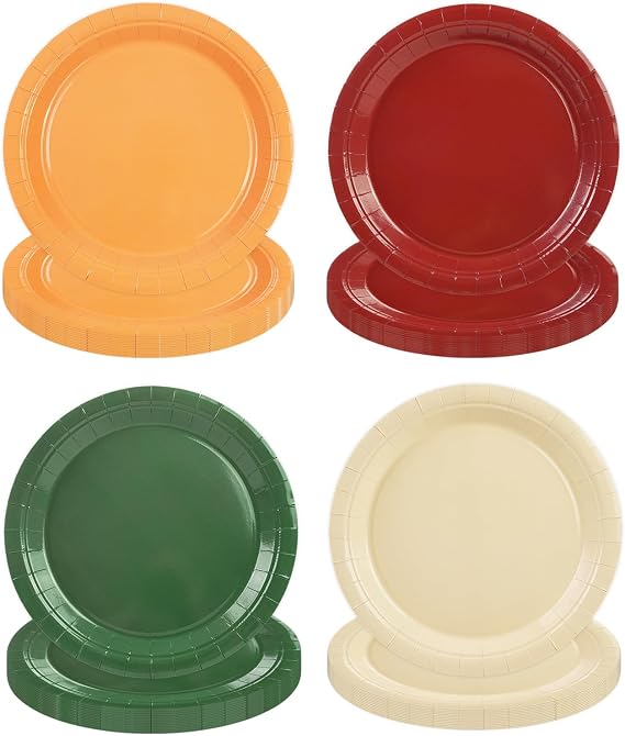 48PCS Christmas Paper Plates Party Supplies, 7inch Disposable Dessert Plates Red Green Orange Cream Colored for Fall Harvest Thanksgiving Halloween Christmas Birthday Baby Shower Tableware