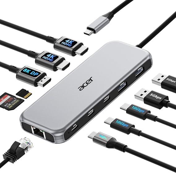 Acer Laptop Docking Station 3 Monitors, 11-in-1 USB C Docking Station | 8K DP, 4K@60Hz HDMI, 10Gbps Data, 1 Gbps Ethernet Hub, 100W Power Delivery, SD/TF, USB C Hub Multiport Adapter for Laptop