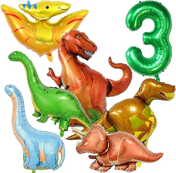 Dinosaur Balloons Set 7Pcs,40 Inch Number 3 Balloon,6 Pieces Dinosaur Balloons ,Jungle Dino Theme Party Supplies(3rd)
