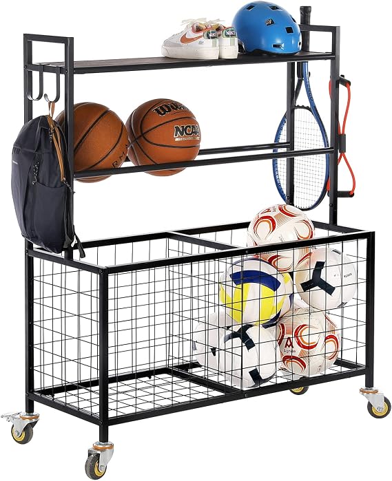 MyGift Sports Equipment Organizer, Garage Ball Storage for Indoor and Outdoor, Garage Organizer for Sports Gear and Toys, Rolling Ball Cart with Baskets, 16" D x 41" W x 49" H