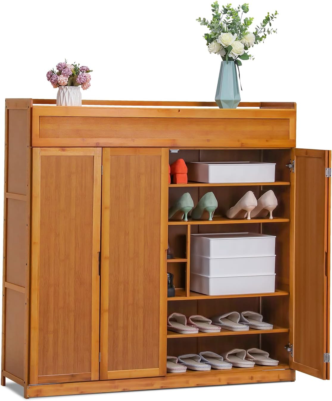 MoNiBloom Large 7 Tier Shoe Storage Cabinet with Doors, Bamboo Multifunctional Organizer Rack Unit Up to 40 Pairs for Bedroom Closet Entryway Living Room, Brown
