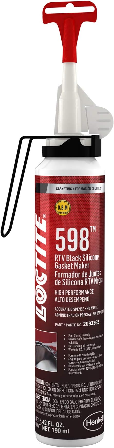 LOCTITE 598 RTV Gasket Maker & Flange Sealant for Automotive: High Temp, Silicone | Metallic Black, 190mL Power Can (PN: 2093362)