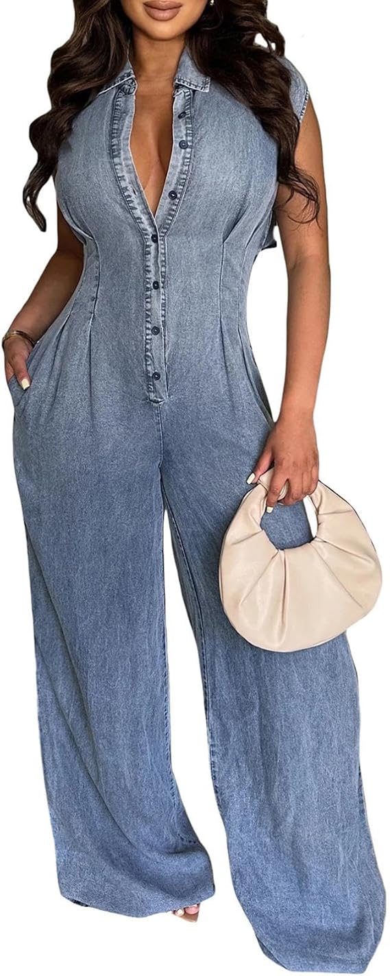 Womens Denim Jumpsuits, Sleeveless Button Up Slim One Piece Overall, Summer Romper for Travel Brunch