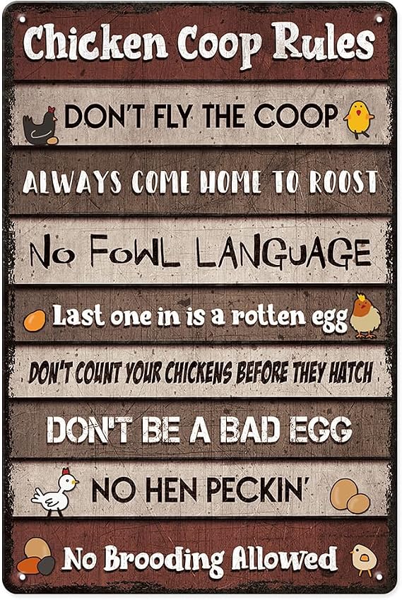 Funny Chicken Signs - Chicken Coop Rules Sign, Vintage Metal Chicken Coop Sign for Backyard, Fence, Farmhouse Wall Decor Art Accessories, Chicken Gifts for Women, 8 x 12 inch