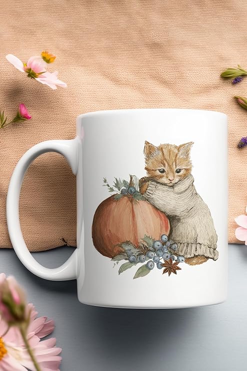Sonbahar Temalı Sevimli Kedi No:9 Baskılı Hediyelik Kupa Bardak, QBM8156