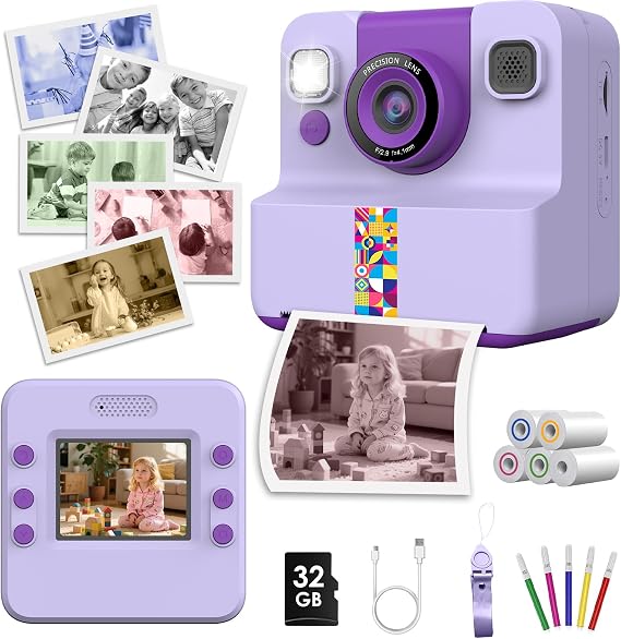 Kids Color Instant Print Camera,Kids Camera with 5 Color Photo Paper.Christmas Birthday Gifts for Girls Age 3-12(Purple)