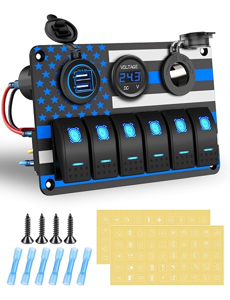 6 Gang Aluminum Rocker Switch Panel with American Flag Pattern ON/Off Toggle Switch Dual USB Port Power Adapter Socket and Digital Voltmeter for Marine Boat Car RV Vehicles Electrical (Blue)