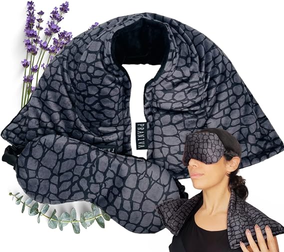 Neck Heating Pad Microwavable - Rice Material - Neck & Shoulder Pain Relief - Lavender, Black - Flexible - 2 Piece Set