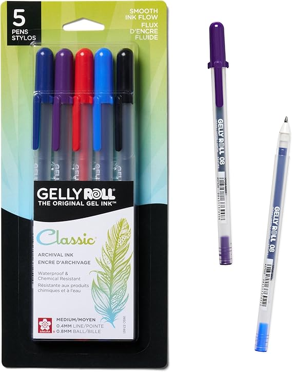 Sakura Gelly Roll Gel Pens, Medium Point, 0.4 mm Line, Assorted, 5 Pack