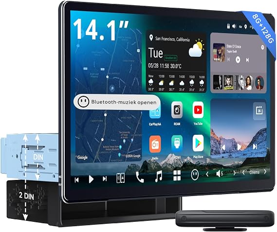 14.1" QLED Touchscreen Single & Double DIN Android AI Car Stereo, with Dashcam, Emergency Lock, GPS Tracking, 7.1.2 Audio, 4V RCA, HDMI in, 4G LTE, 8G+128G, Wireless CP&AA, ADS Protocol, X10G141E