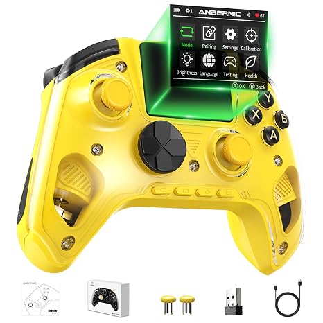 Cintwor RG G01 Interactive Screen Wireless Gaming Controller for Steam/PC/Switch/Linux/Android/iOS, 2.4G Wireless Bluetooth Controller with Screen, Heart Rate Monitor, Hall Effect Triggers (Yellow)